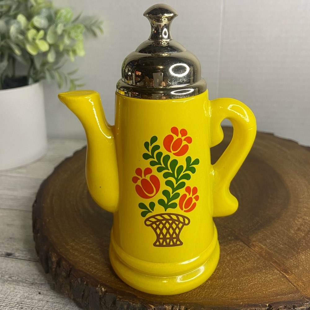 vintage avon bottle teapot perfume Bottle Yellow With Floral Prints FULL